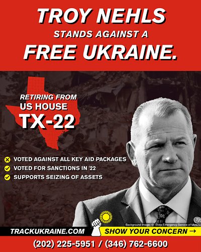 Texas Congressman @reptroynehls will be leaving congress after having voted against every support package to Ukraine. His pos...