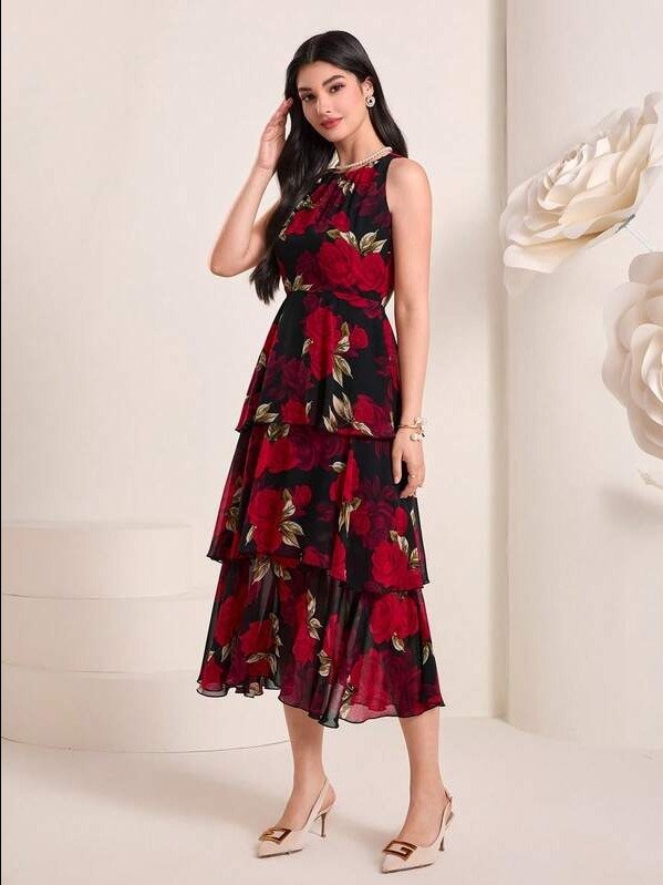 Modelyn Floral Print Ruffle Hem Dress Without Belt Maxi Women Outfit Long Evening Dresses product image (2)