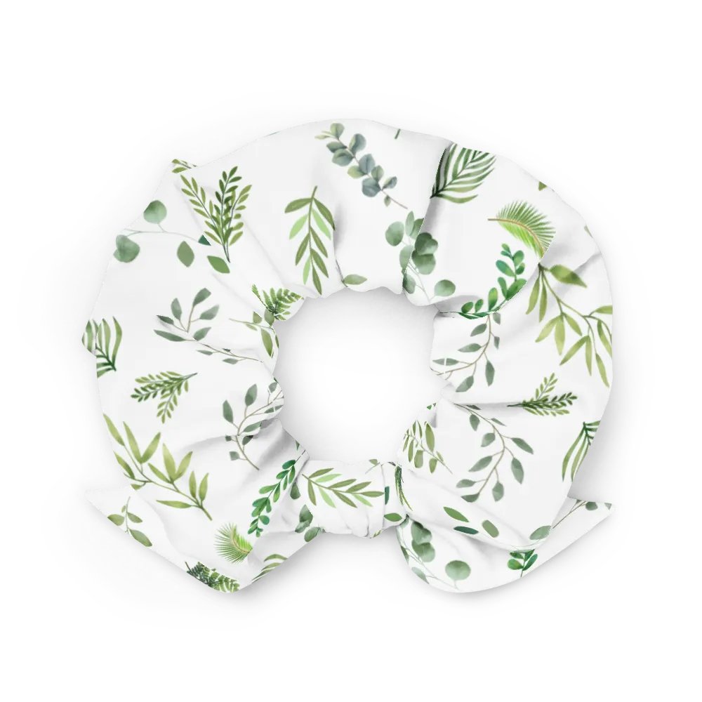 Green leaves pattern on white background Scrunchie with bow product image (3)