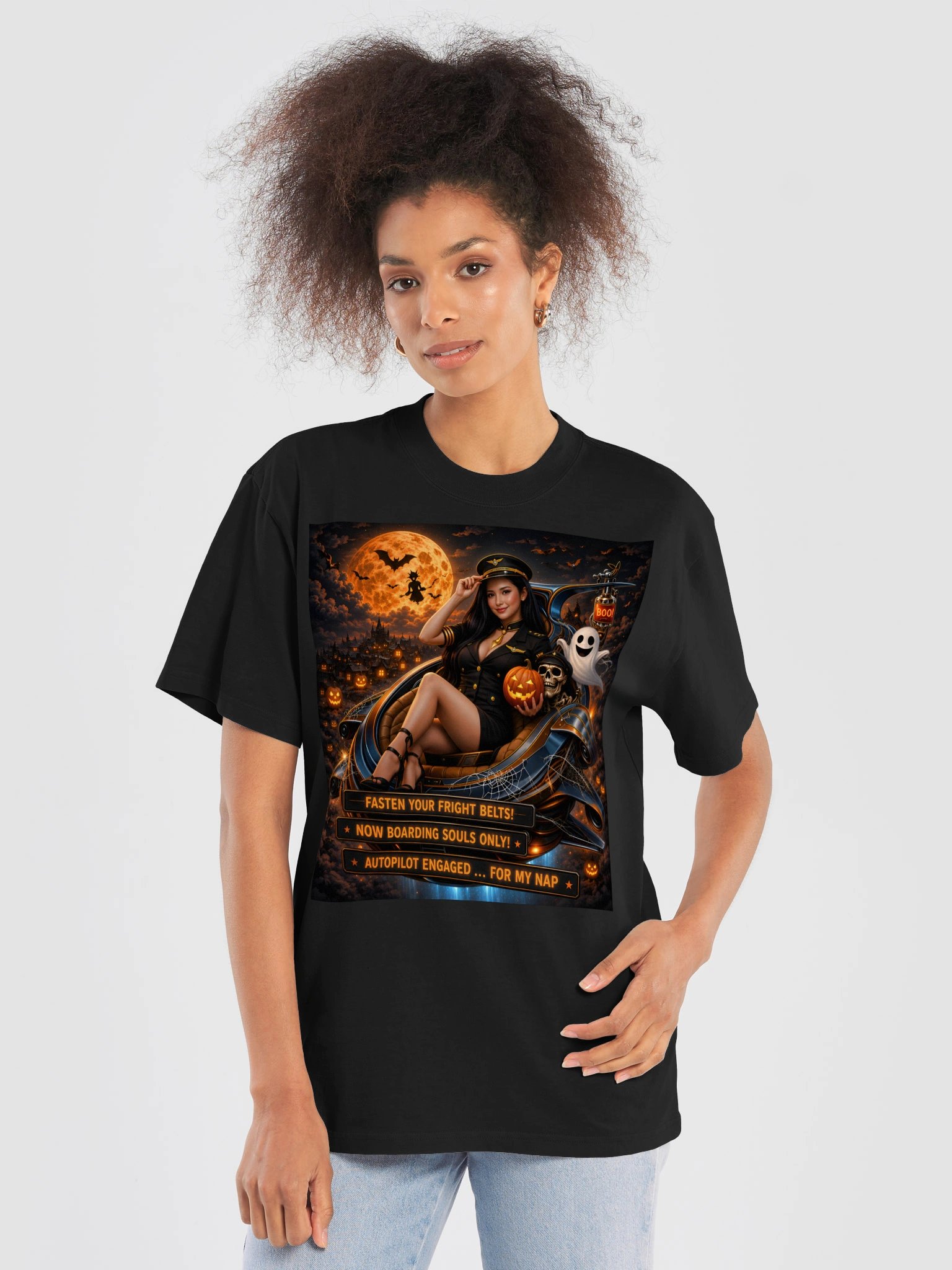 Halloween Space Pilot T-Shirt, Spooky Sci-Fi UFO Ghost Pumpkin Graphic Tee for Adults product image (5)