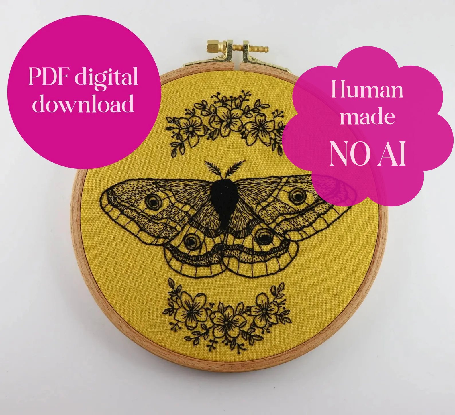 Monochrome Emperor Moth Outline Hand Embroidery Pattern: Beginner-Friendly Line Art Tutorial (PDF Digital Download) product image (1)