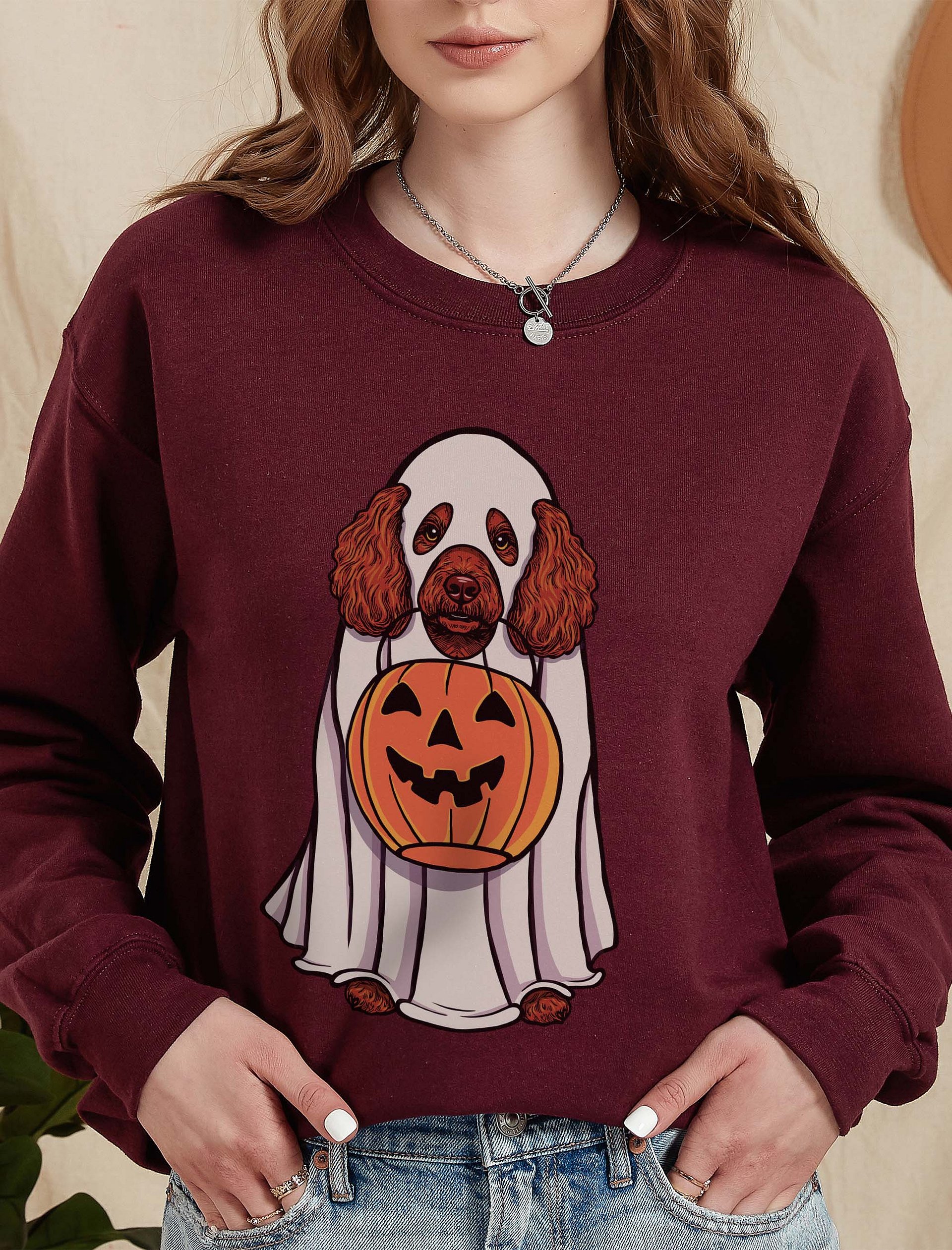 Funny Halloween Mini Poodle(Red) Sweatshirt | Funny Poodle Wearing a Ghost Costume and Holding a Pumpkin Basket product image (2)