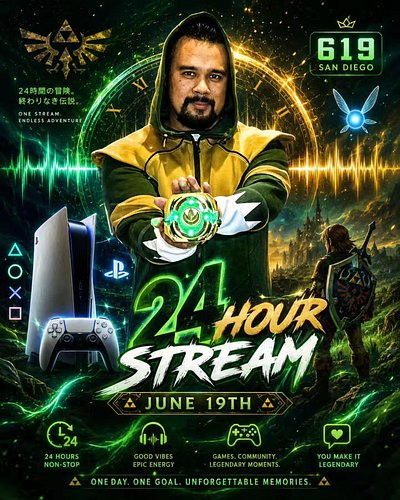 👀 ADVENTURERS! SAVE THE DATE! 👀

😎 24 HOUR STREAM ON 619 DAY 😎

📢 I will be streaming games, Karaoke, cosplay, showing props,...