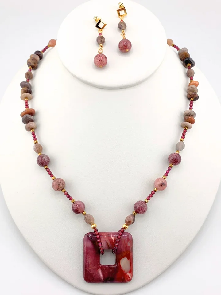 Black Moonstone, Strawberry Quartz, and Mookaite Pendant Necklace Set product image (1)