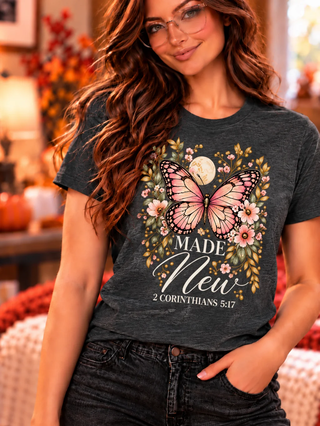 Made New Butterfly Christian T-Shirt – 2 Corinthians 5:17 Floral Faith Tee product image (2)