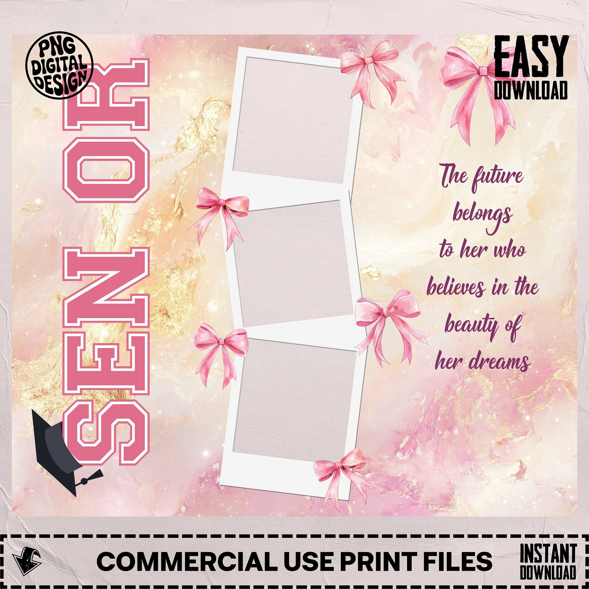 Graduation Photo 20oz Tumbler Wrap PNG, Polaroid Picture Tumbler Pink Coquette Gold, Seamless Sublimation Senior High School, Download product image (6)