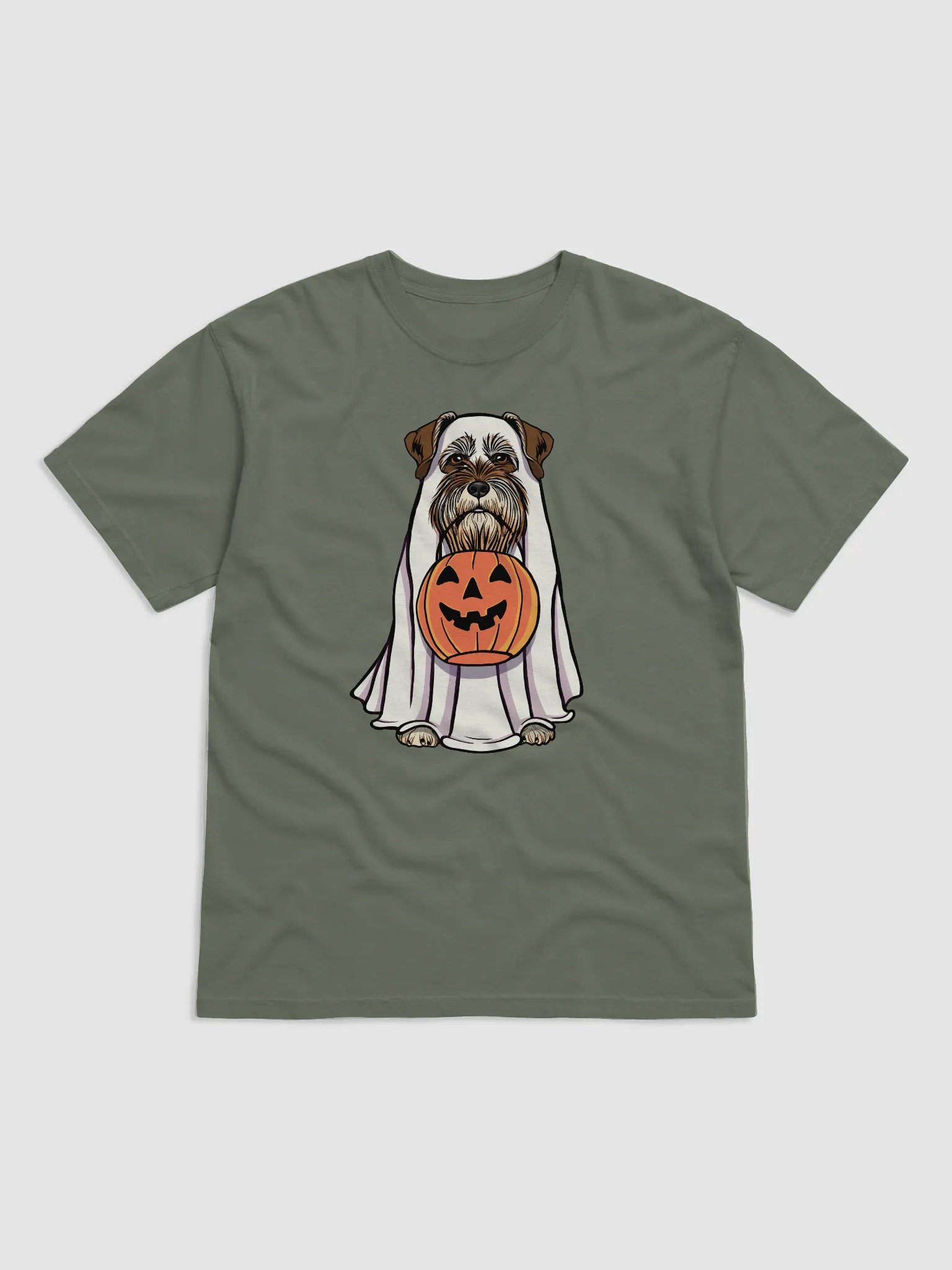 Funny Halloween Schnauzer(Liver) T-Shirt | Funny Schnauzer Wearing a Ghost Costume and Holding a Pumpkin Basket product image (1)