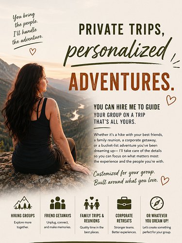 You bring the people
I handle the adventure 

You know I plan group trips… but I also  offer private, personalized adventures...