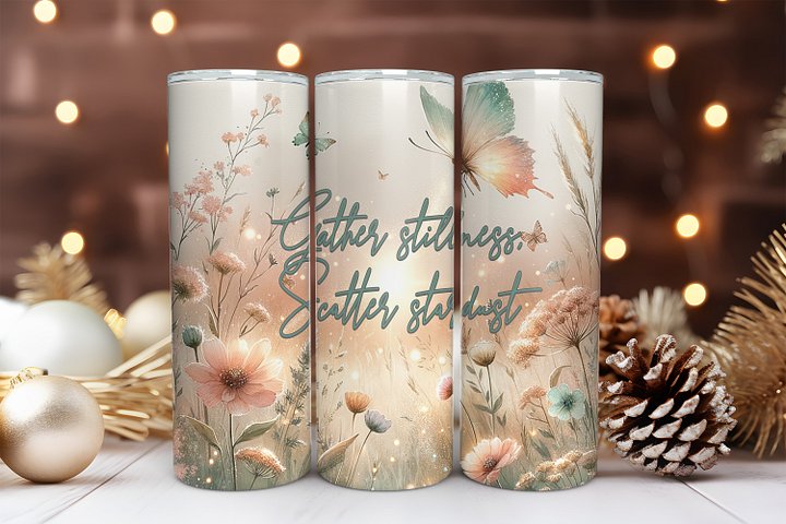 Boho Flowers 20 oz Skinny Tumbler Sublimation Design Digital Download PNG Instant DIGITAL ONLY, Inspirational Gather Stillness Tumbler Wrap product image (1)