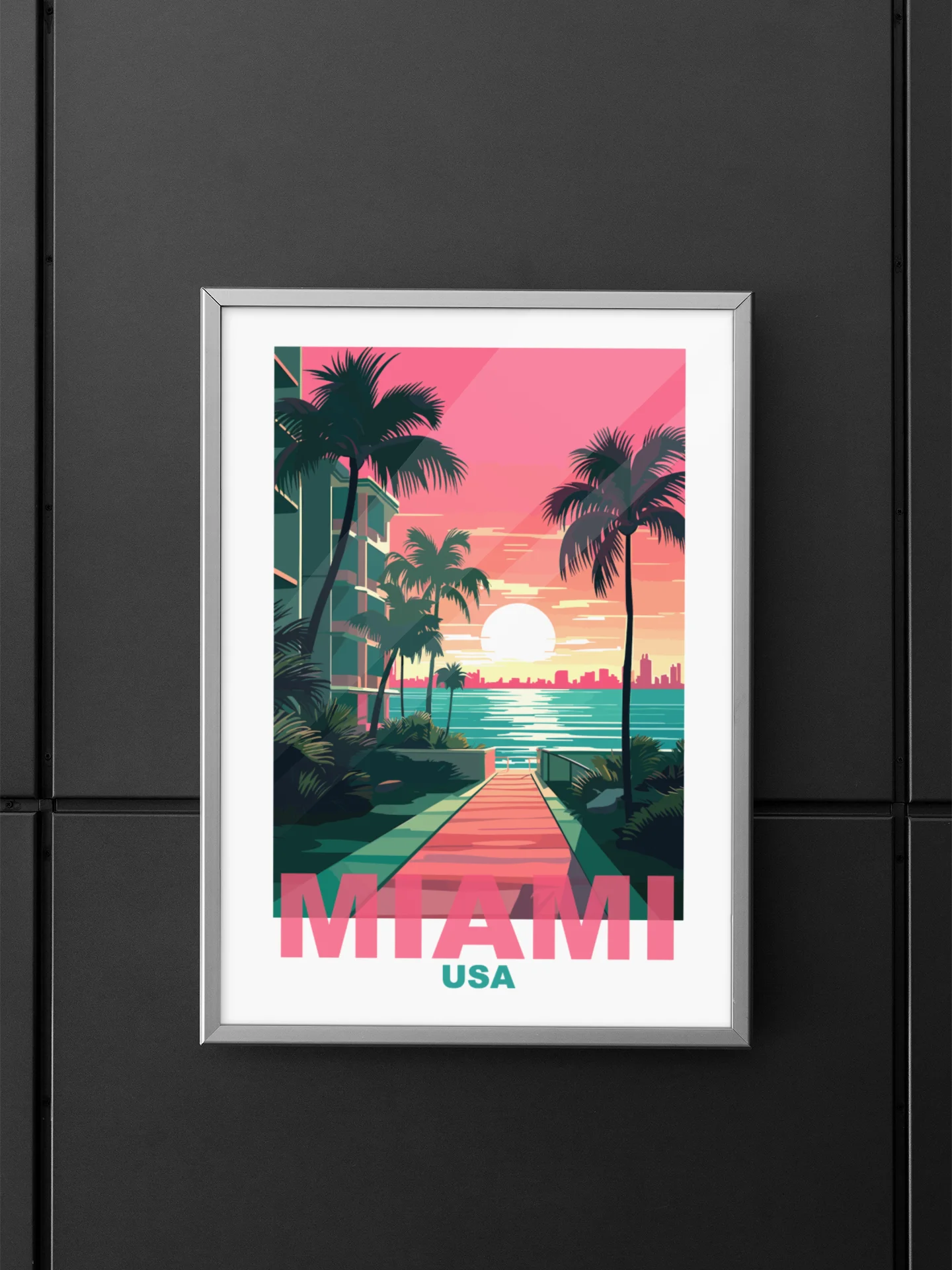 Tropical Sunset in Miami Art Print, Vibrant Beachside Palm Trees Poster, Retro Styled Miami USA Skyline, Coastal Wall Decor, Gift Idea product image (5)