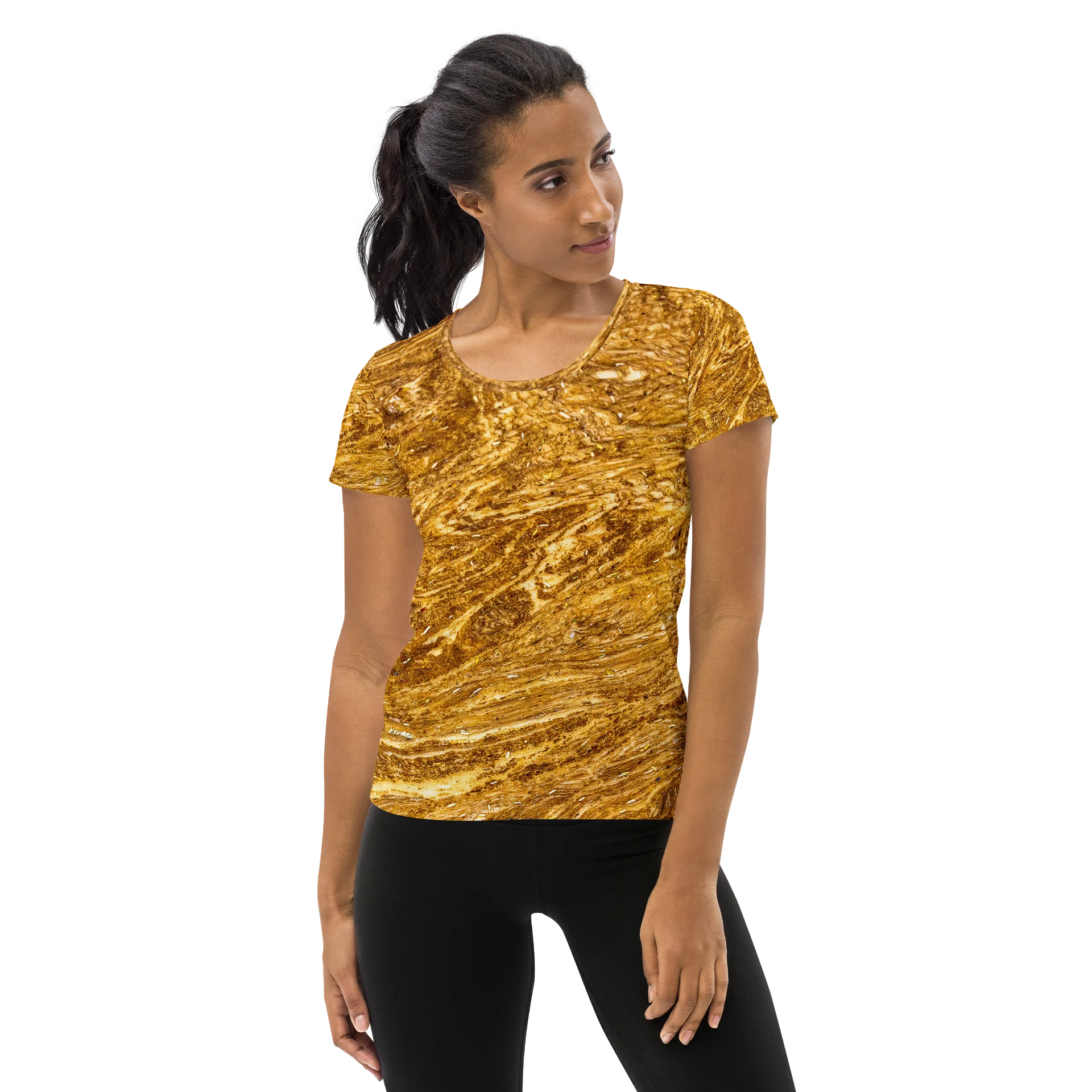 Golden Strata: Earthy Swirl Marble Pattern Women’s Athletic Shirt | Botanical & Marble Running Shirt | Tiger Eye Sage Golden Activewear Top product image (1)
