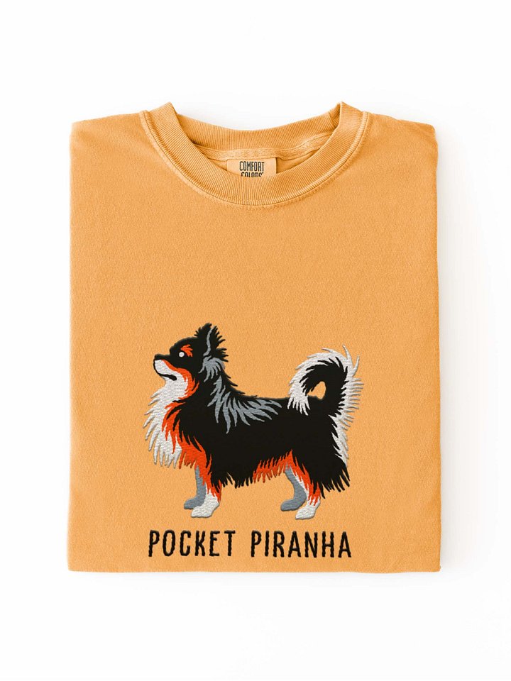 Pocket Piranha T-Shirt(Embroidered) of a Longhaired Chihuahua(Tricolor) product image (1)
