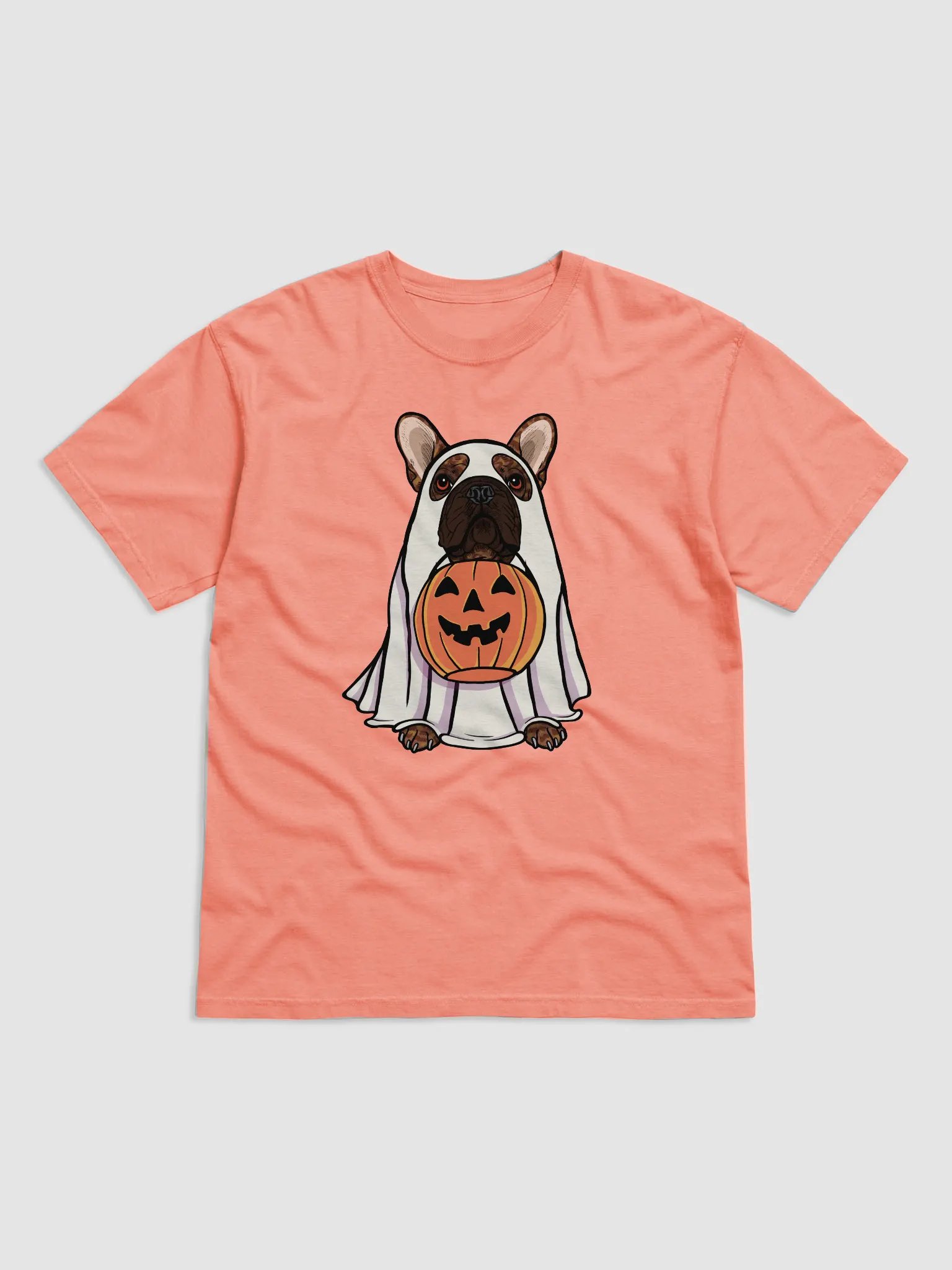 Funny Halloween French Bulldog(Brindle) T-Shirt | Funny Frenchie Wearing a Ghost Costume and Holding a Pumpkin Basket product image (1)