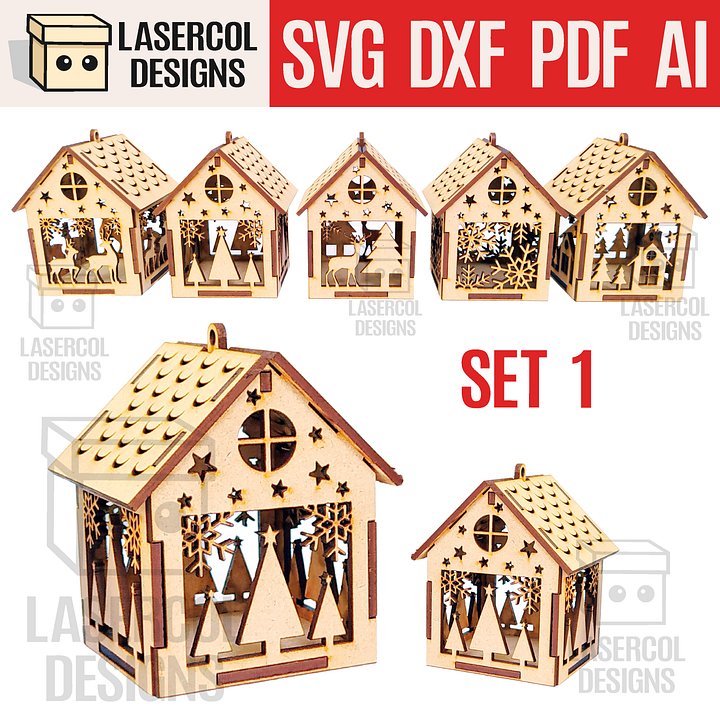 Christmas House Ornaments Set 1 (2 Sizes, 5 Styles) - Laser Cut Files product image (1)