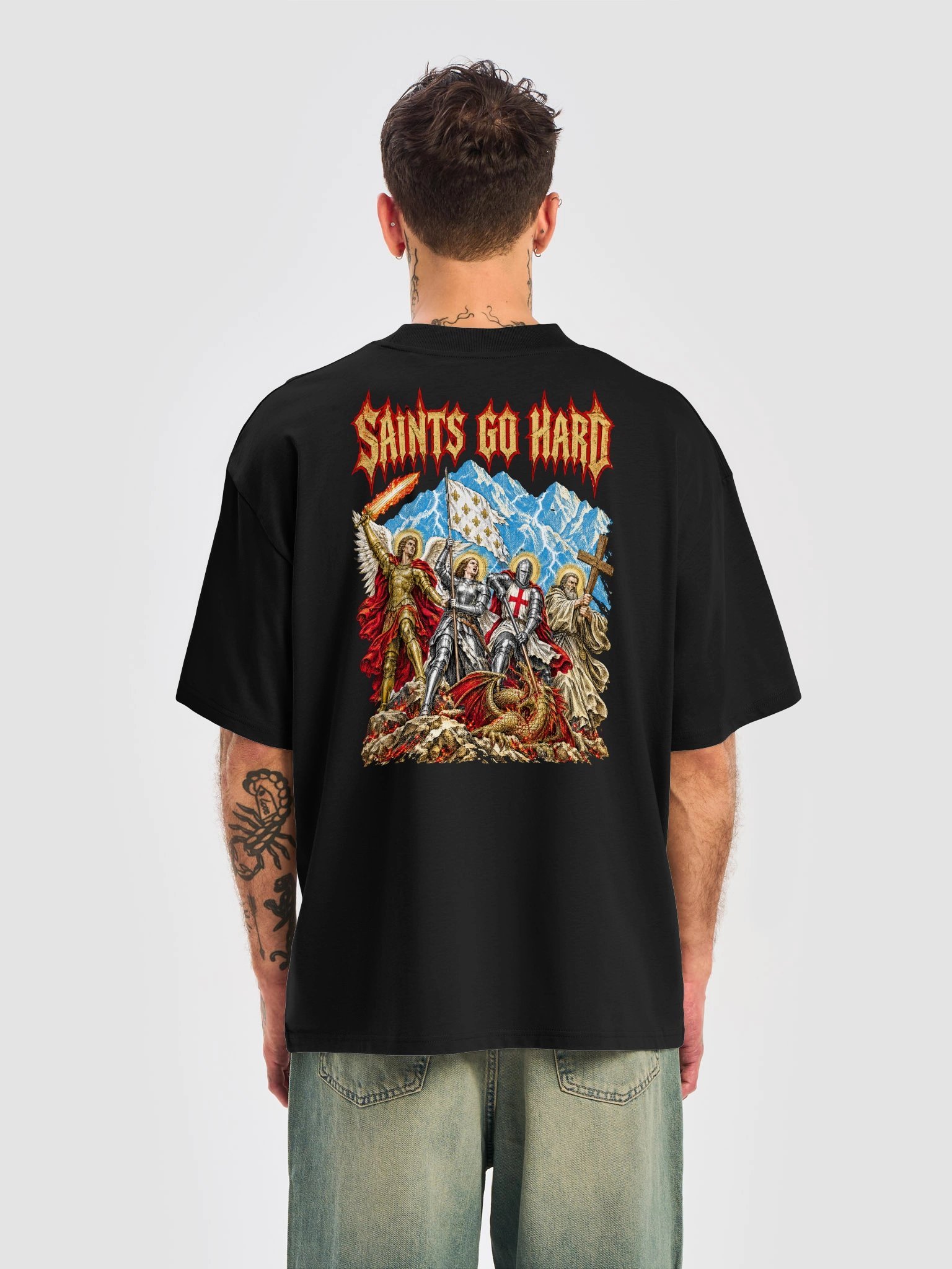 Saints Go Hard tee, back print: St. Michael, St. Joan of Arc, St. George and St. Benedict