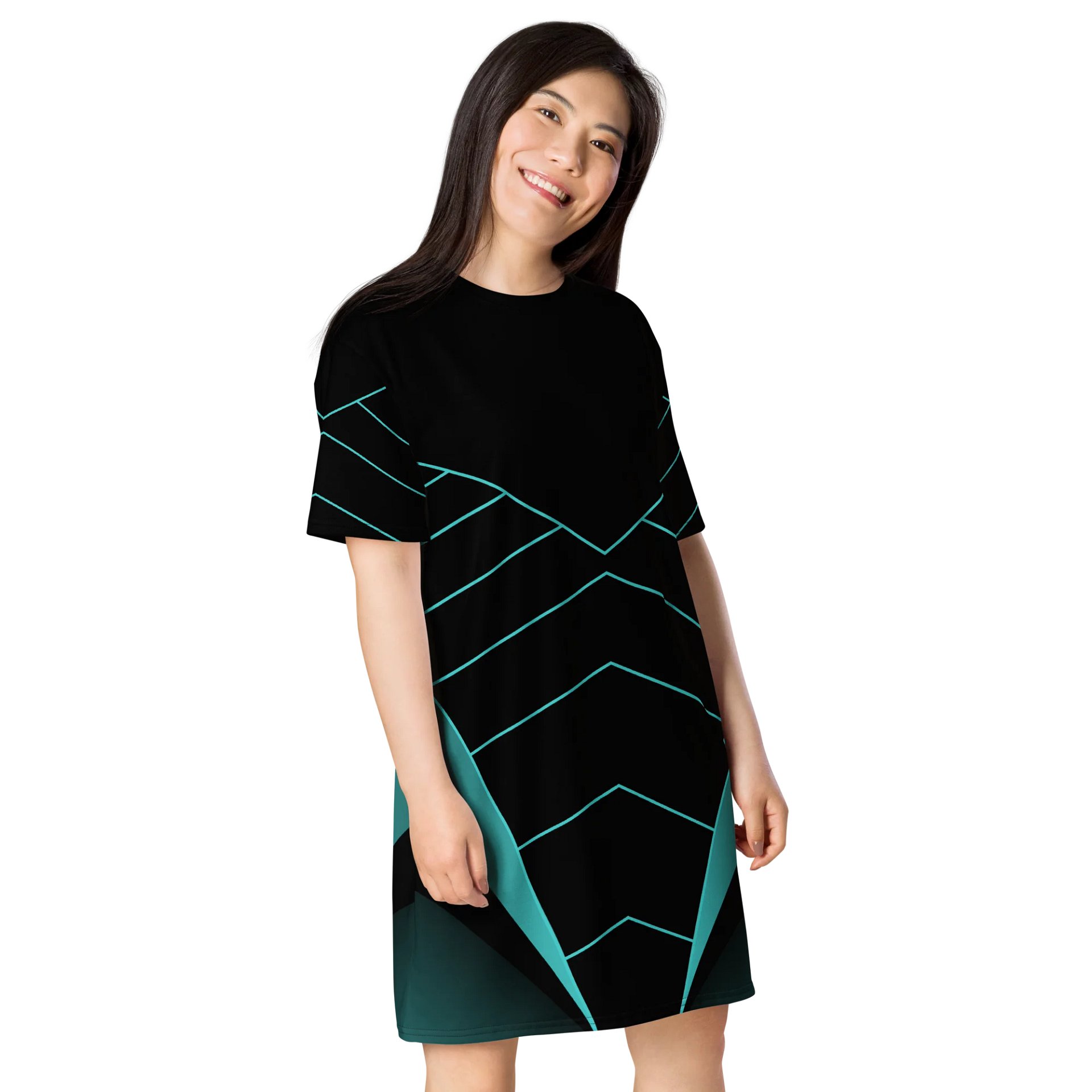 Exclusive Black T-Shirt Dress with Teal Geometric Chevron Design - Oversized Fit product image (4)