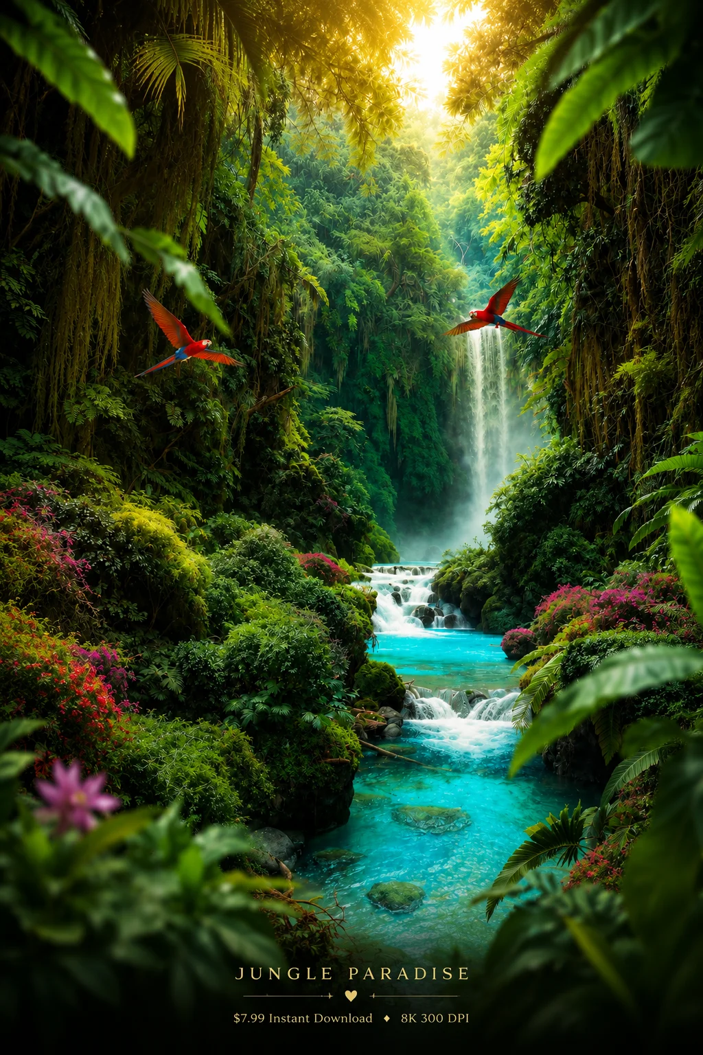 Jungle Paradise Waterfall Wall Art | Tropical Rainforest 8K Printable Digital Download product image (1)