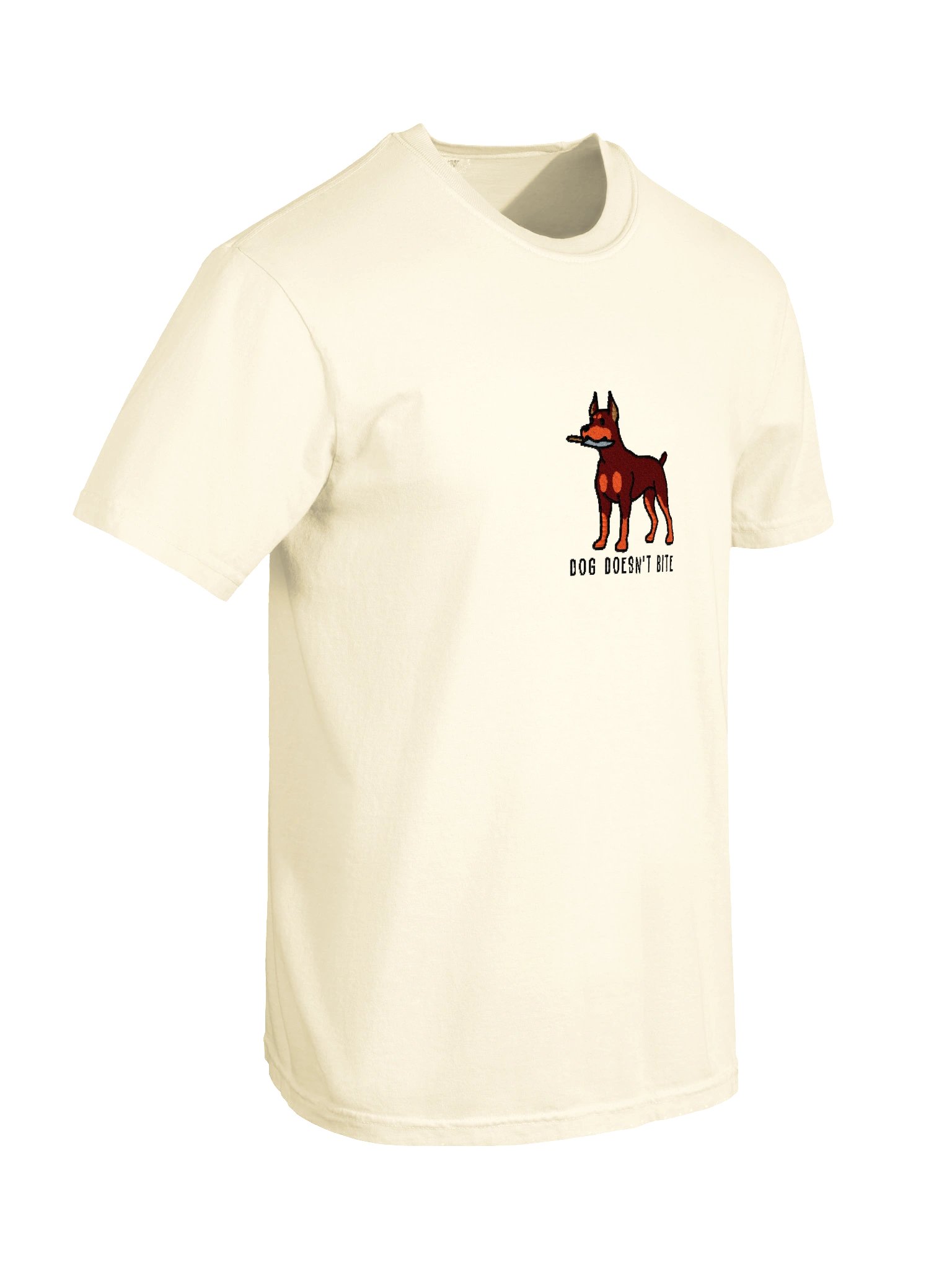 Dog Doesn't Bite Funny Chibi-Style Embroidered T-Shirt for Doberman Pinscher(Red & Tan, Cropped Ears) Owners product image (118)