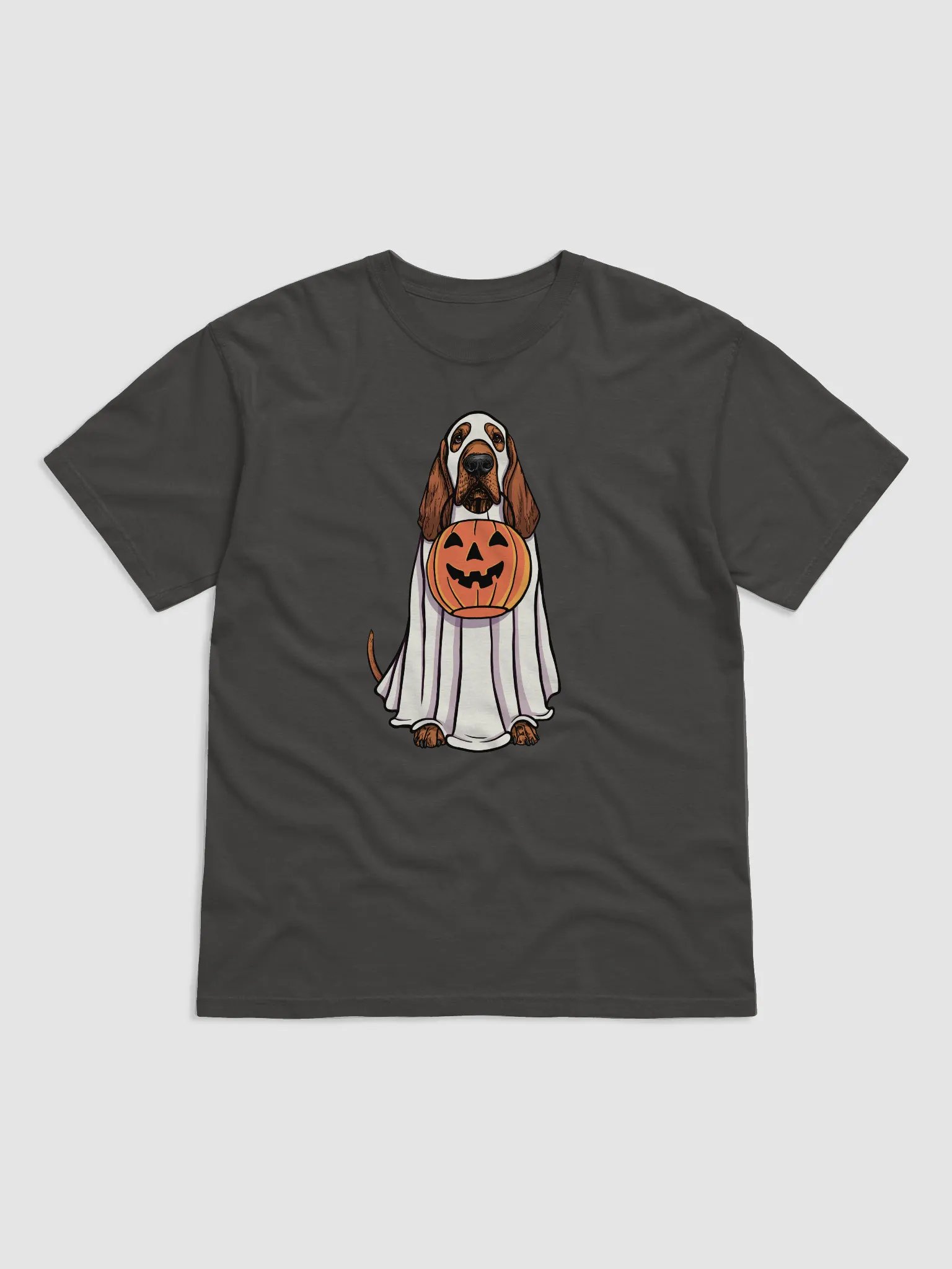 Funny Halloween Bloodhound(Red) T-Shirt | Funny Bloodhound Wearing a Ghost Costume and Holding a Pumpkin Basket product image (1)