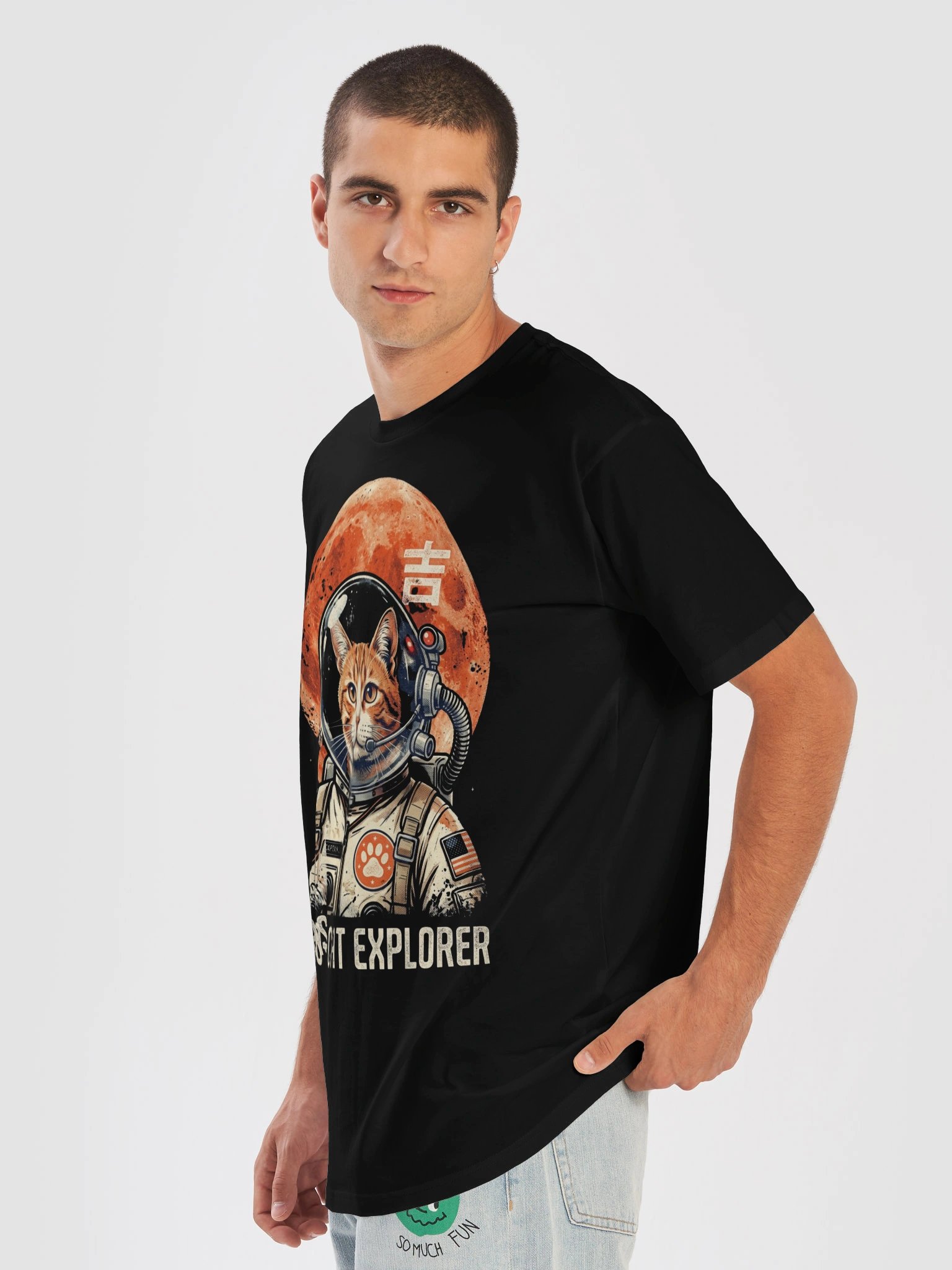 Retro Japanese Lucky Cat Space T-Shirt – Vintage Kanji Graphic Tee, Mid-Century Sci-Fi Aesthetic product image (31)