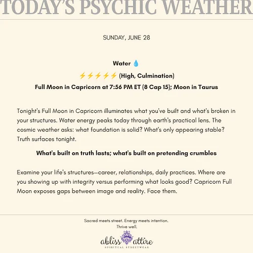 SUNDAY, JUNE 28
Water 💧
⚡⚡⚡⚡⚡ (High, Culmination)
Full Moon in Capricorn at 7:56 PM ET (8 Cap 15); Moon in Taurus

Tonight's ...