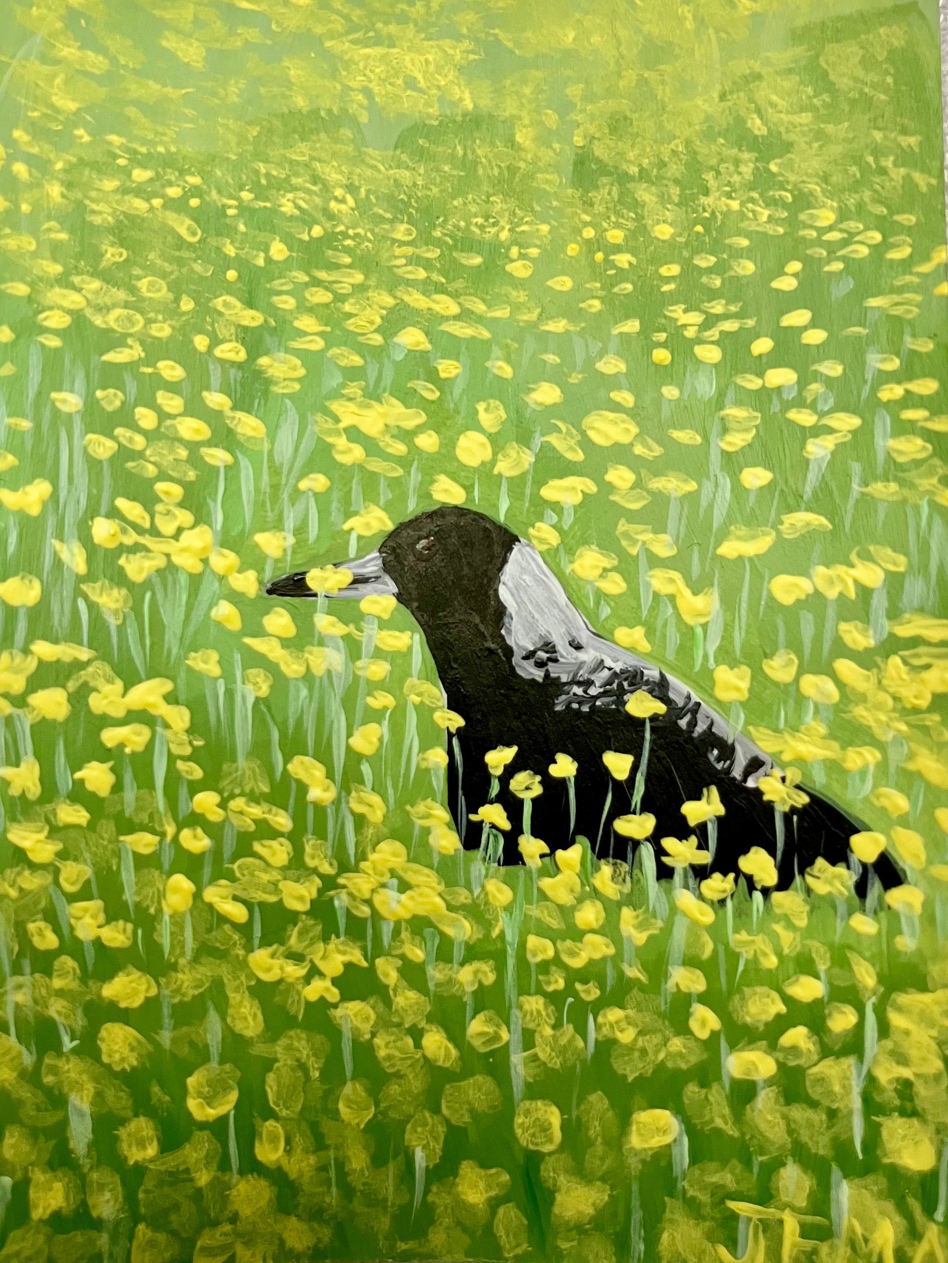 Magpie In Yellow Flowers ACEO Original Acrylic Painting product image (2)