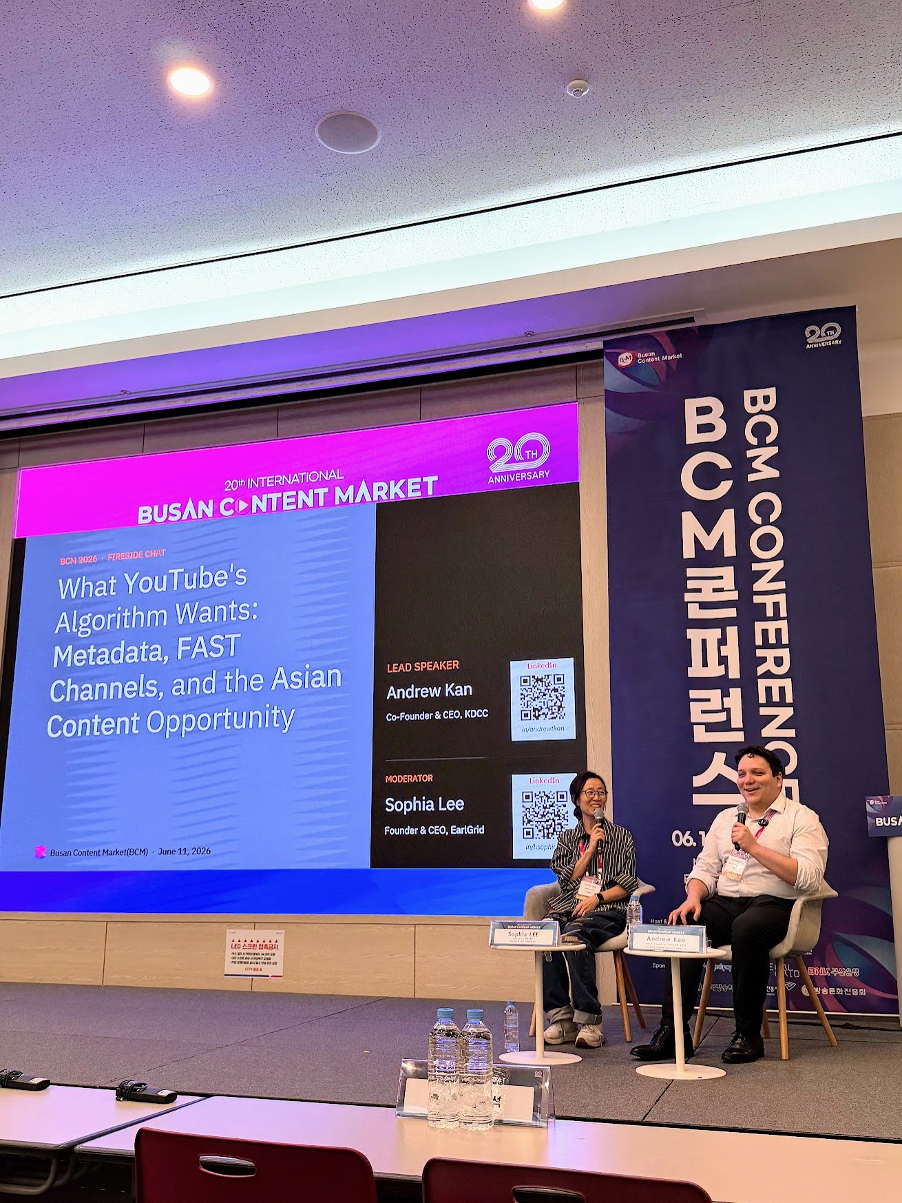 Andrew Kan and moderator Sophia Lee during the fireside chat at the 20th International Busan Content Market