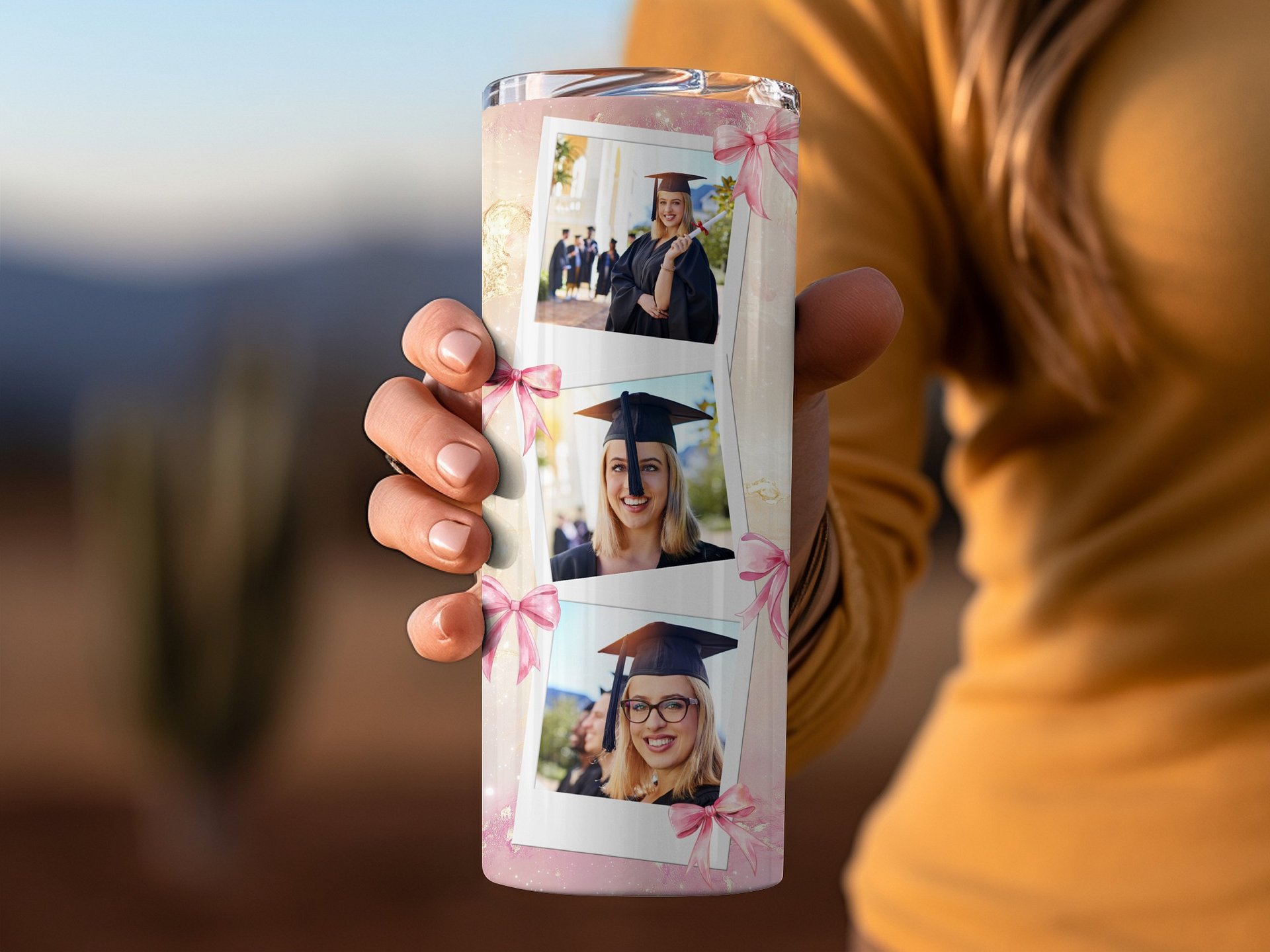 Graduation Photo 20oz Tumbler Wrap PNG, Polaroid Picture Tumbler Pink Coquette Gold, Seamless Sublimation Senior High School, Download product image (3)