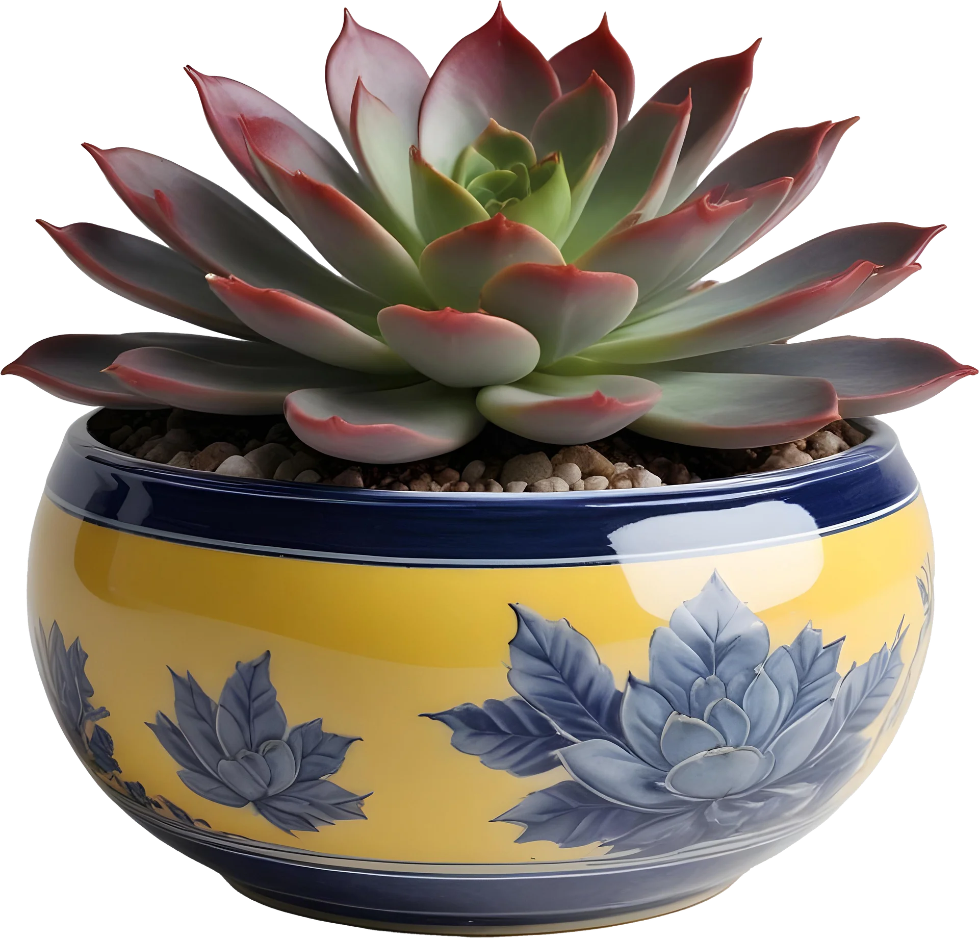 Chinese Porcelain Pot with Succulent – Yellow and Blue Floral Design PNG product image (1)
