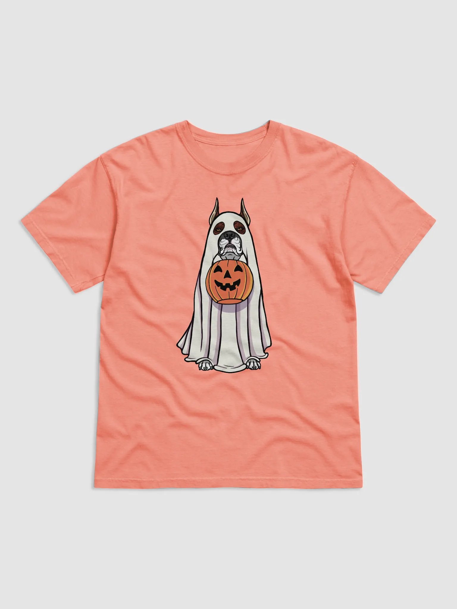 Funny Halloween Boxer Dog(Cropped Ears, Brindle) T-Shirt | Funny Boxer Wearing a Ghost Costume and Holding a Pumpkin Basket product image (1)