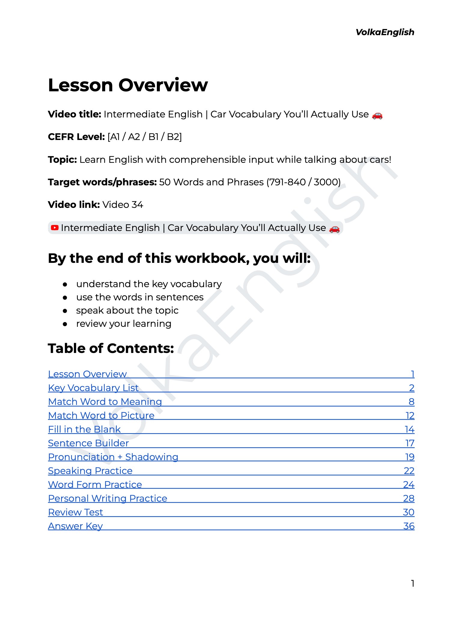 Intermediate English | Car Vocabulary You’ll Actually Use 🚗 - Video 34 Study Pack product image (2)