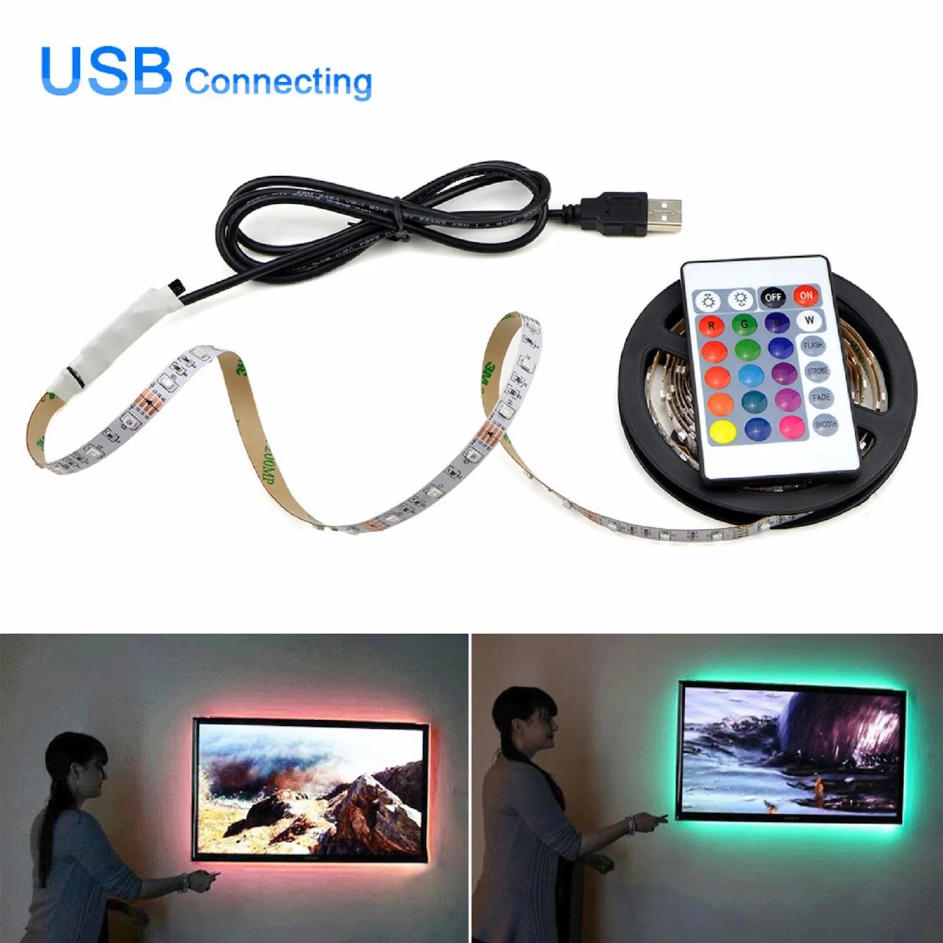 RGB & USB شريط إضاءة ليد ديكوري بطول 3 متر مع منفذ وريموت كنترول product image (8)