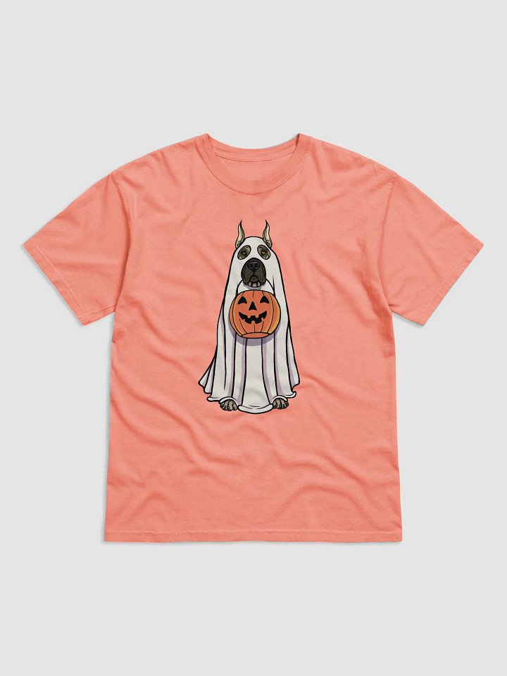 Funny Halloween Great Dane(Cropped Ears) T-Shirt | Funny Great Dane Wearing a Ghost Costume and Holding a Pumpkin Basket product image (1)