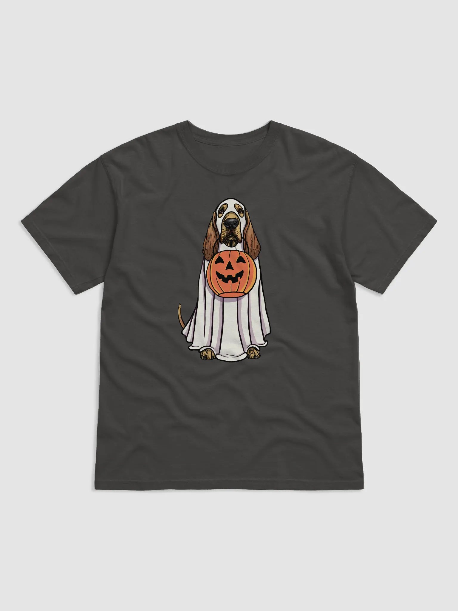 Funny Halloween Bloodhound T-Shirt | Funny Bloodhound Wearing a Ghost Costume and Holding a Pumpkin Basket product image (1)