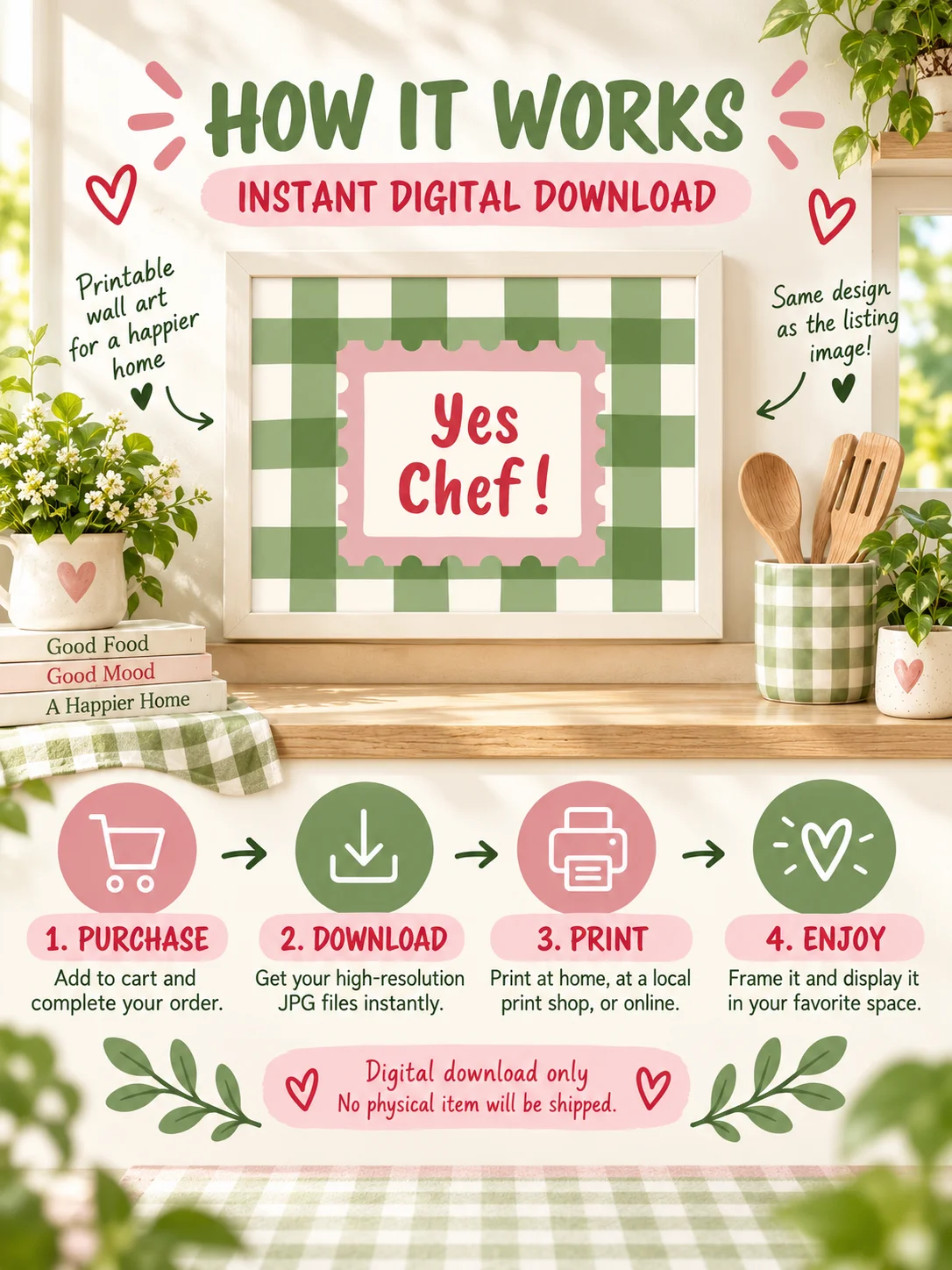 Yes Chef Printable Kitchen Wall Art | Green Gingham Retro Typography Poster product image (3)