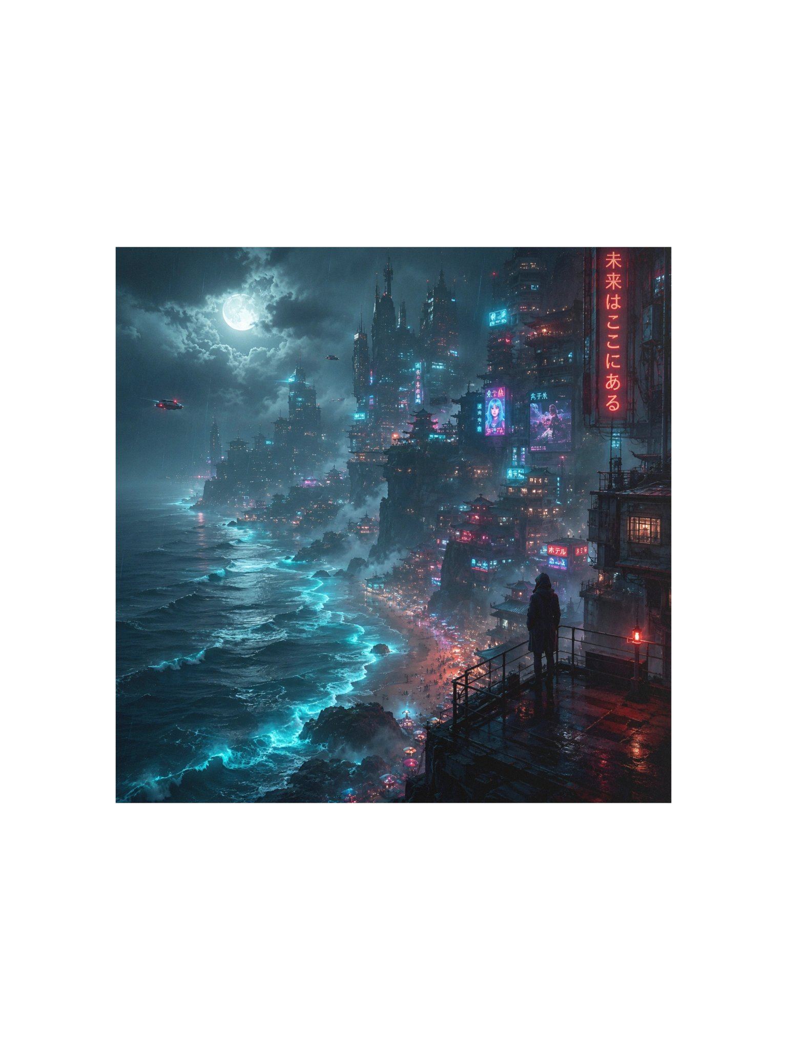 Cyberpunk Neon Coastal City Poster – Futuristic Neon Ocean & Moonlit Cityscape | 10×10 Wall Art product image (2)