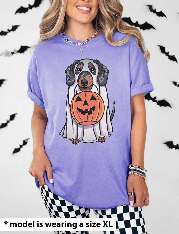 Funny Halloween Dachshund(Dapple) T-Shirt | Funny Doxie/Wiener Wearing a Ghost Costume and Holding a Pumpkin Basket product image (2)