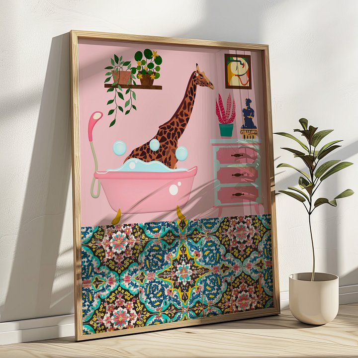 Bathing Giraffe Pink Bathroom Wall Art Print product image (1)