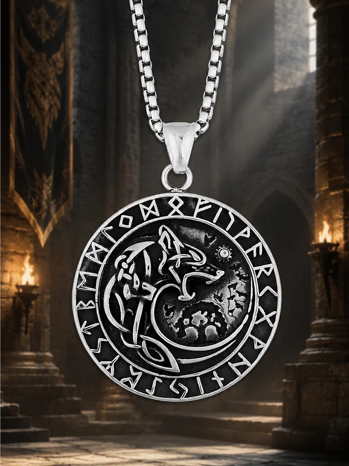 The Armored Kingdom Silver Skoll Hati Wolf Encircled with Runes Necklace-Norse Mythology product image (1)