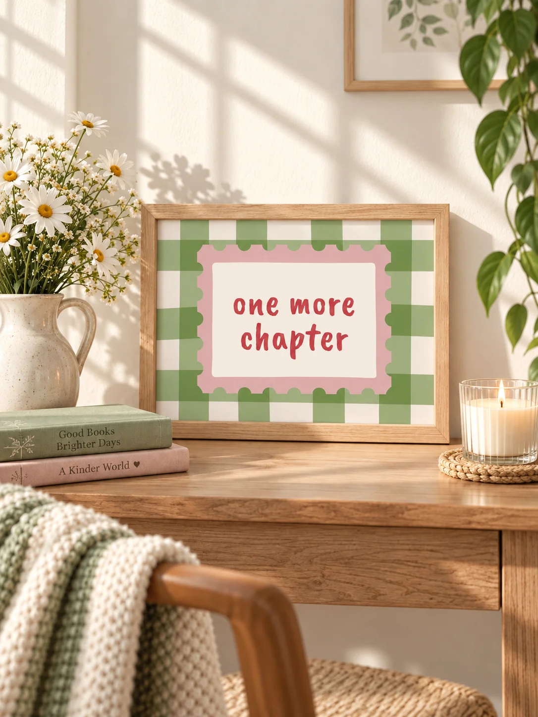 One More Chapter Print | Book Lover Wall Art | Retro Reading Quote | Pink Green Checkerboard Poster | Digital Download product image (1)