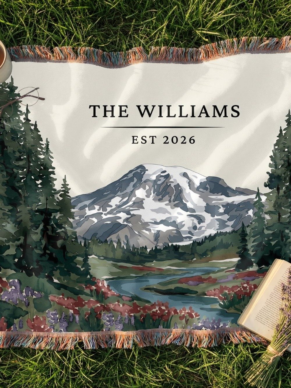 Personalized Mountain Landscape Woven Blanket | Custom Family Name Throw product image (7)