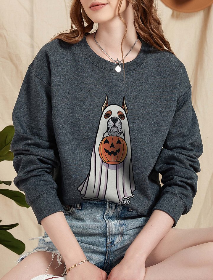 Funny Halloween Boxer Dog(Cropped Ears) Sweatshirt | Funny Boxer Wearing a Ghost Costume and Holding a Pumpkin Basket product image (2)