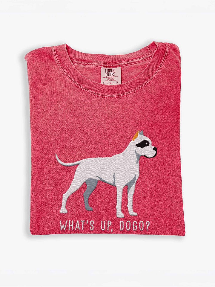 What's Up, Dogo? T-Shirt(Embroidered) of a Dogo Argentino(Black & White, Cropped Ears) product image (1)