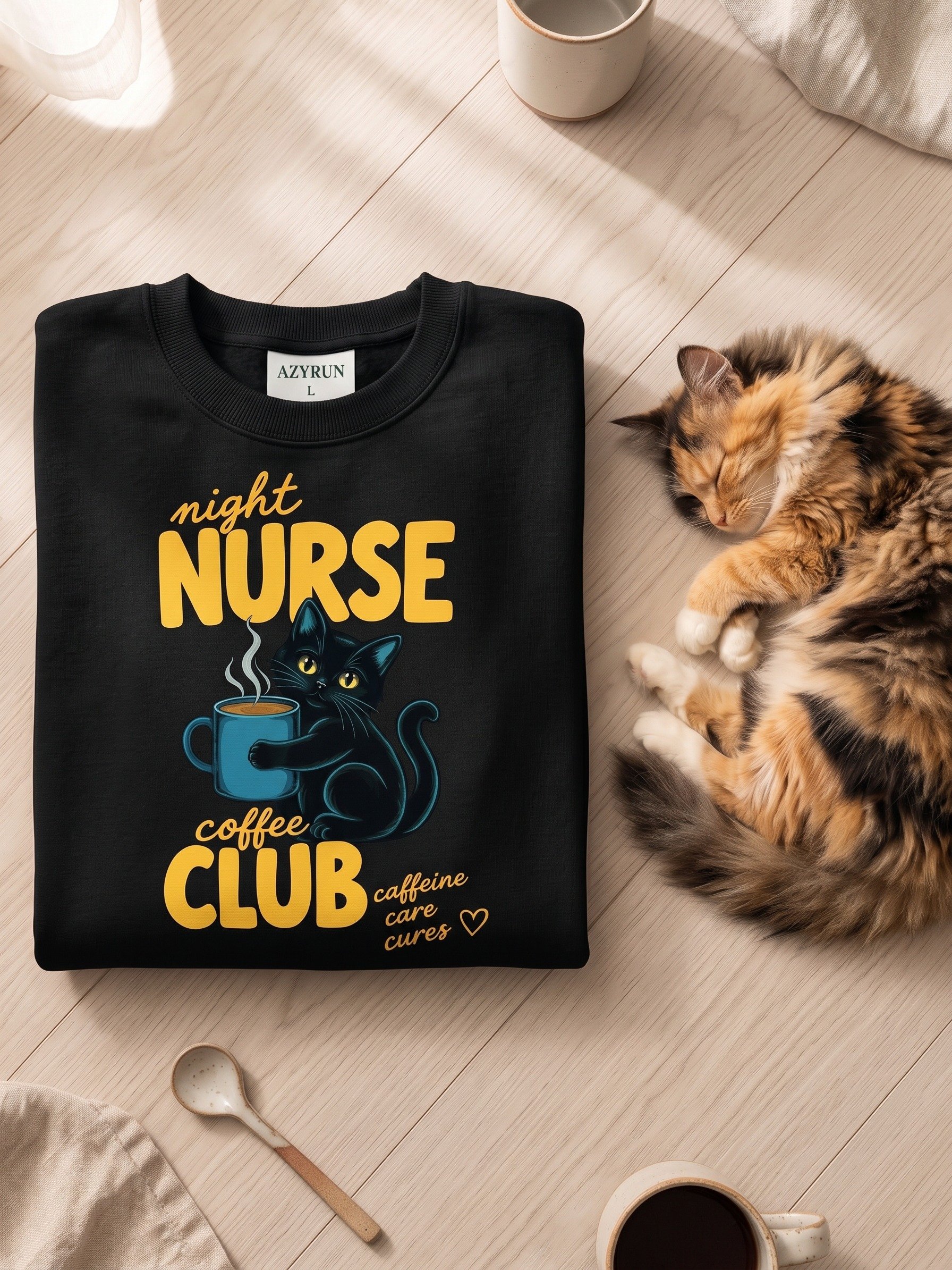 Night Shift Nurse Coffee Sweatshirt | Black Cat Nurse Gift product image (4)