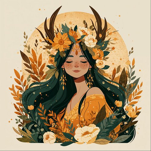 She wears the harvest on her skin and in her bones. Her antlers rise like branches reaching toward the golden sun, crowned wi...