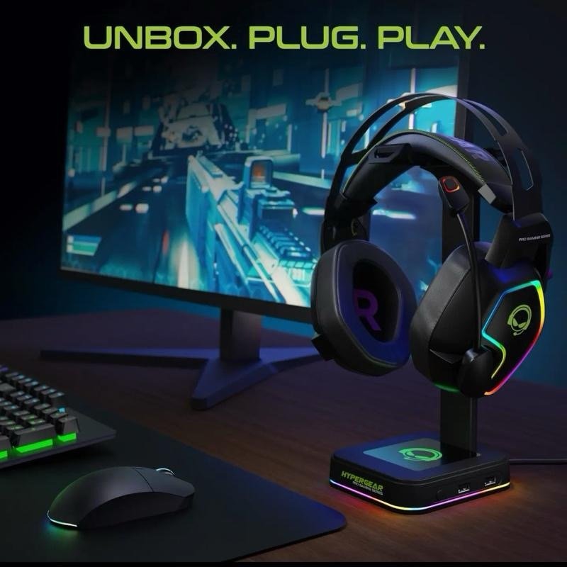 RGB Gaming Headset Stand with USB Charging Ports, LED Lighting, Easy Setup, Connection & Cable Management - Tech Audio Accessory for PC, PS5 Gaming Desks product image (2)