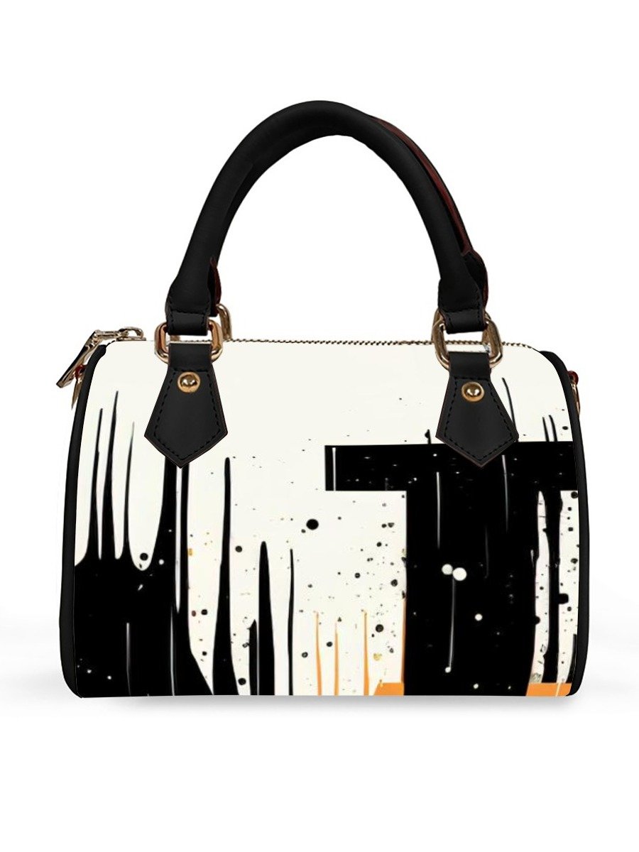 Abstract Art Barrel Bag – Black & Orange Geometric Paint Splash Mini Handbag with Crossbody Strap product image (3)