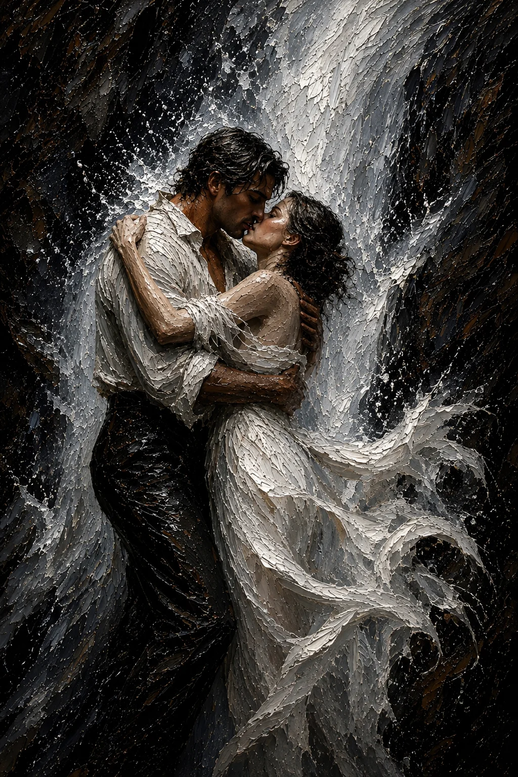 Expressionist Romantic Waterfall Couple Art Print, Passionate Kiss, 10x10 Love Wall Decor Gift product image (1)
