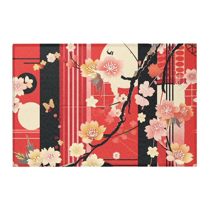 Japanese Cherry Blossom Area Rug – Sakura Floral Red & Black Floor Carpet product image (2)