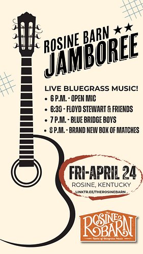Come out and see us this Friday night for more great bluegrass music at The Rosine Barn! Stop by Phat Bellies for a bite to eat!